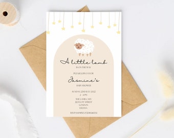 A LITTLE LAMB baby shower invitation printable digital | beige neutral baby girl boy babyshower invite boho arch sheep stars dreamy theme