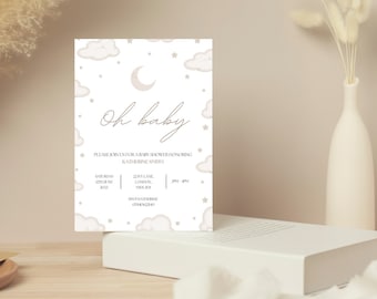 CLOUD THEME baby shower invitation digital download | oh baby moon stars sky theme sprinkle invite baby boy girl neutral beige printable