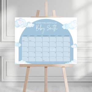 Plantilla editable de calendario con fecha de parto para baby shower con acuarela azul, juego de adivinación de fecha de nacimiento para baby shower, arco de nube nueve para imprimir
