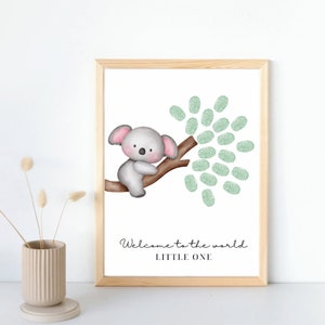 Koala Baby shower libro de visitas de huellas dactilares / acuarela koala deja tema animal descarga instantánea digital bebé espolvorear selva imprimible