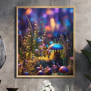 May include: A whimsical illustration of a forest scene with a group of small, colorful figures standing near a large mushroom. The figures are surrounded by a variety of plants and flowers, and the background is a blur of purple, blue, and green.