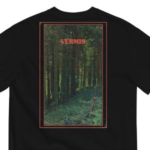 May include: Black t-shirt with a forest scene and the word "VERMIS" in red text.