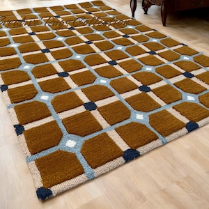 Hand getufteter Teppich Moderner Teppich 5x8 6x9 8x10 9x12 Benutzerdefinierte Teppich Großflächenteppich 100% Wolle Braun Blau Ocker Felder Teppich für Wohnzimmer Schlafzimmer