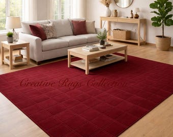Hand Tufted Burgundy Wool Rug – Minimalist Grid, Modern Style