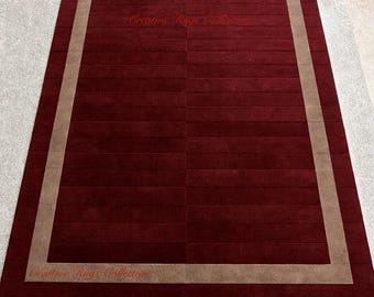 Hand-tufted Wool Rug – Deep Red with Beige Border, Modern Minimalist Design