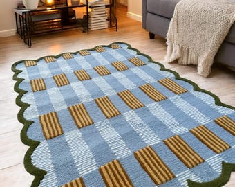 Scalloped Rug Hand Tufted Rug Plaid Rug 5x8 6x9 8x10 9x12Custom Rug Irregular Minimalist Blue Gold Rug 100% Wool Rug for Living Room Bedroom