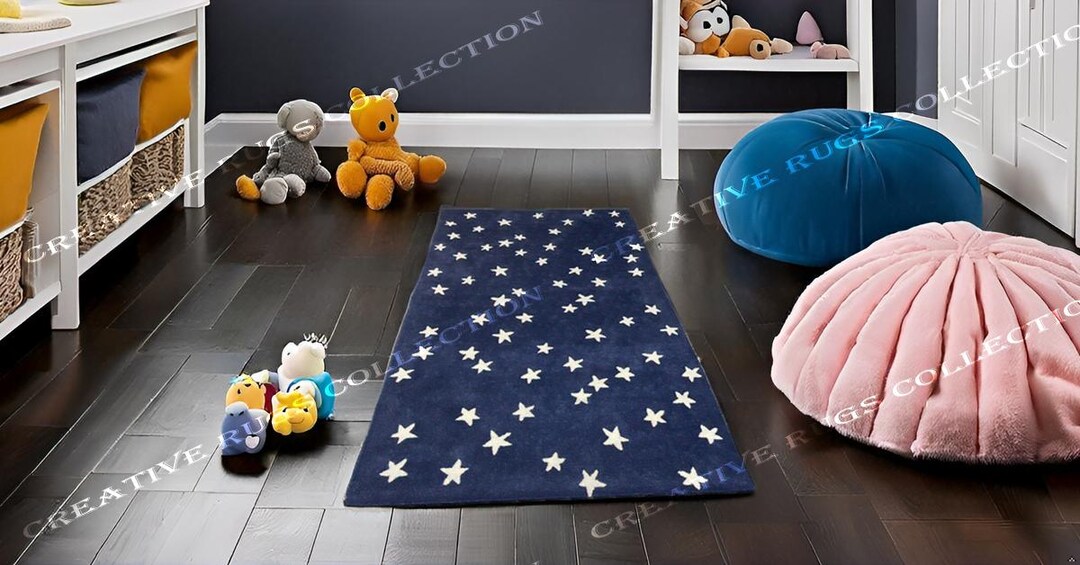 Star Area Rug Navy Blue Starry Sky Star Area Rug, 100% Wool, Scattered White Star ...