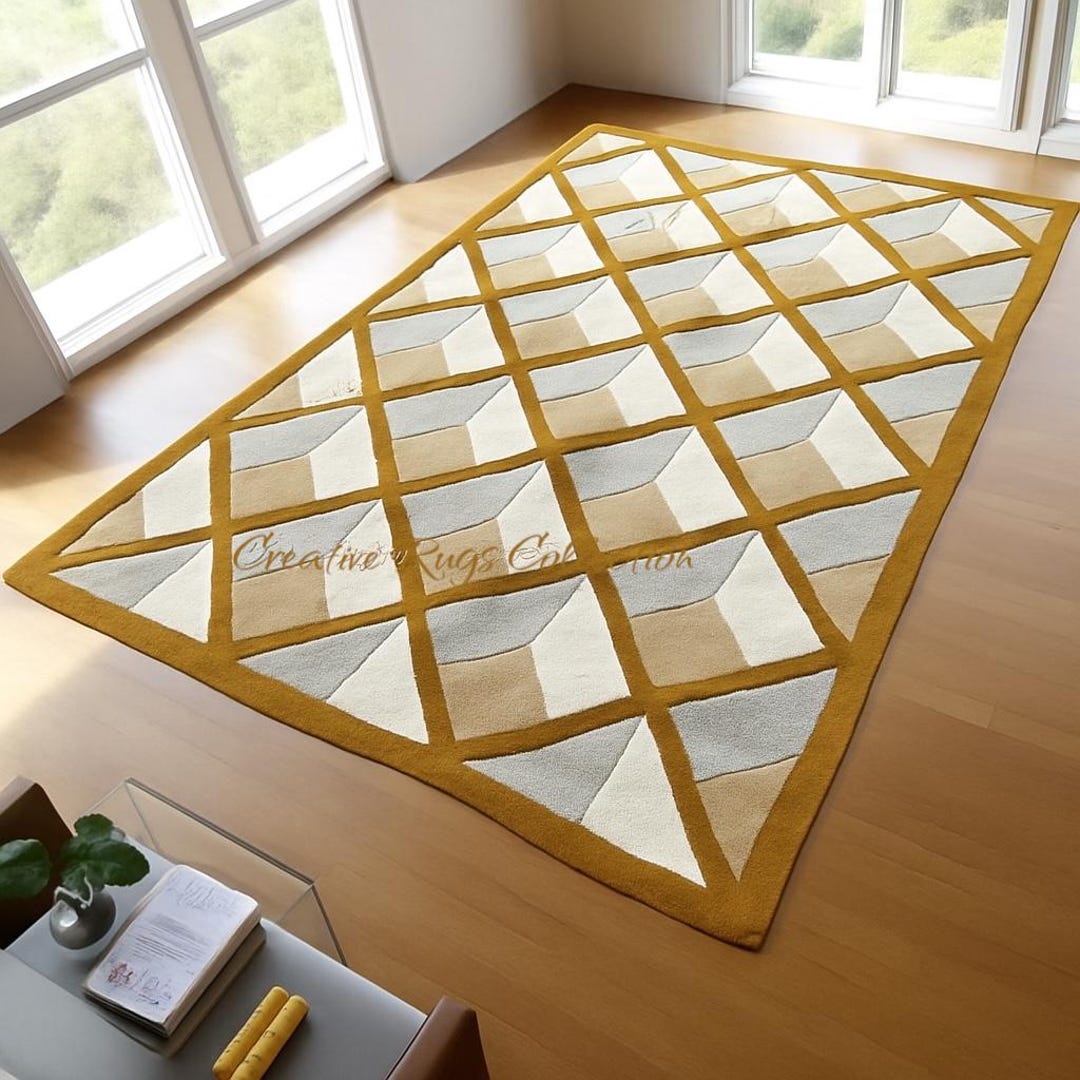 Hand-tufted Wool Area Rug: 3D Geometric Gold Diamond Pattern - Etsy