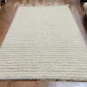 Hand Knitted Chunky Wool Loops Area Rug, Ivory/Off White, Runner, Scandinavian Handwoven Custom Sizes Available Cozy Braided Loop Design Rug
