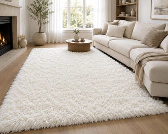 Handmade White Wool Shaggy Rug, High Pile Flokati Area Rug