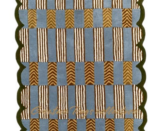 Scalloped Rug Hand Tufted Rug Plaid Rug 5x8 6x9 8x10 9x12 Custom Rug Irregular Minimalist Blue Gold Rug 100% Wool Rug for LivingRoom Bedroom