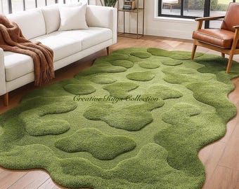 Moss Green Tufted Rug: 3D High-Low Pile, Organic Shape Nature Rug