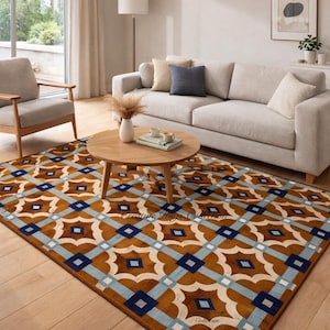 Alfombra de lana tejida a mano: diseño de campos ocres, alfombra moderna