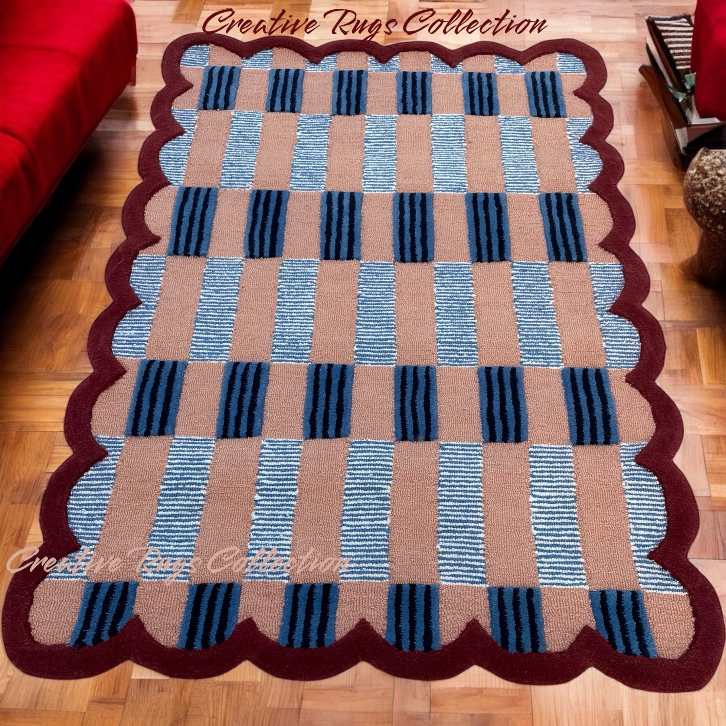 Scalloped Rug Hand Tufted Rug Plaid Rug 5x8 6x9 8x10 9x12 Custom Rug Irregular Minimalist Red Pink Rug 100% Wool Rug for Living Room Bedroom