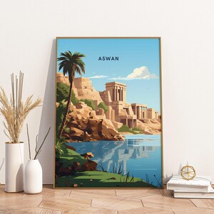Póster de viaje a Asuán, Egipto, impresión artística de pared, póster vintage de viaje.