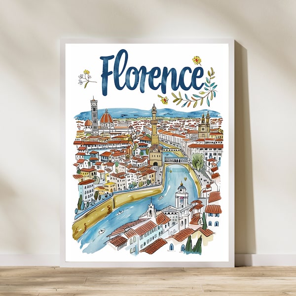 Florence Italy Illustrated Sketch Print Poster | Travel Artwork | Retro Vintage | Wall Art Deco | Gift Ideas | Wedding Gift