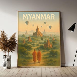 Myanmar (Bagan Sunrise with Balloons) Travel Poster, Myanmar Wall Art Print,  Vintage Travel Decor