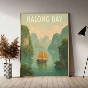Halong Bay Vietnam Travel Poster, Halong Bay Wall Art Print, Bay Vintage Travel Decor