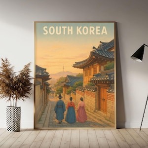 South Korea (Hanok Village) Travel Poster, South Korea Wall Art Print, Korea Vintage Travel Decor