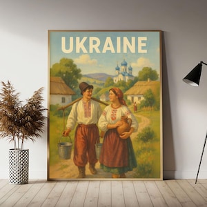 Ukraine Traditional Village Travel Poster, Ukrainian Culture Wall Art Print, Vintage Travel Decor
