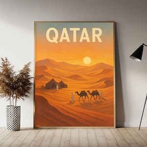 Qatar (Desert Journey at Sunset) Travel Poster, Qatar Wall Art Print,  Vintage Travel Decor