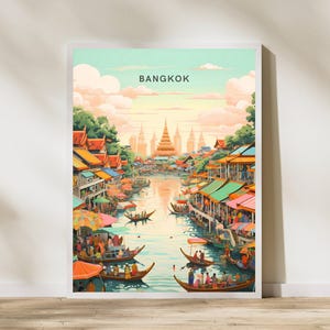 Bustling Bangkok Floating Market Thailand Poster Poster Travel Poster, Bustling Bangkok Floating Market Thailand Poster Wall Art Print, Post