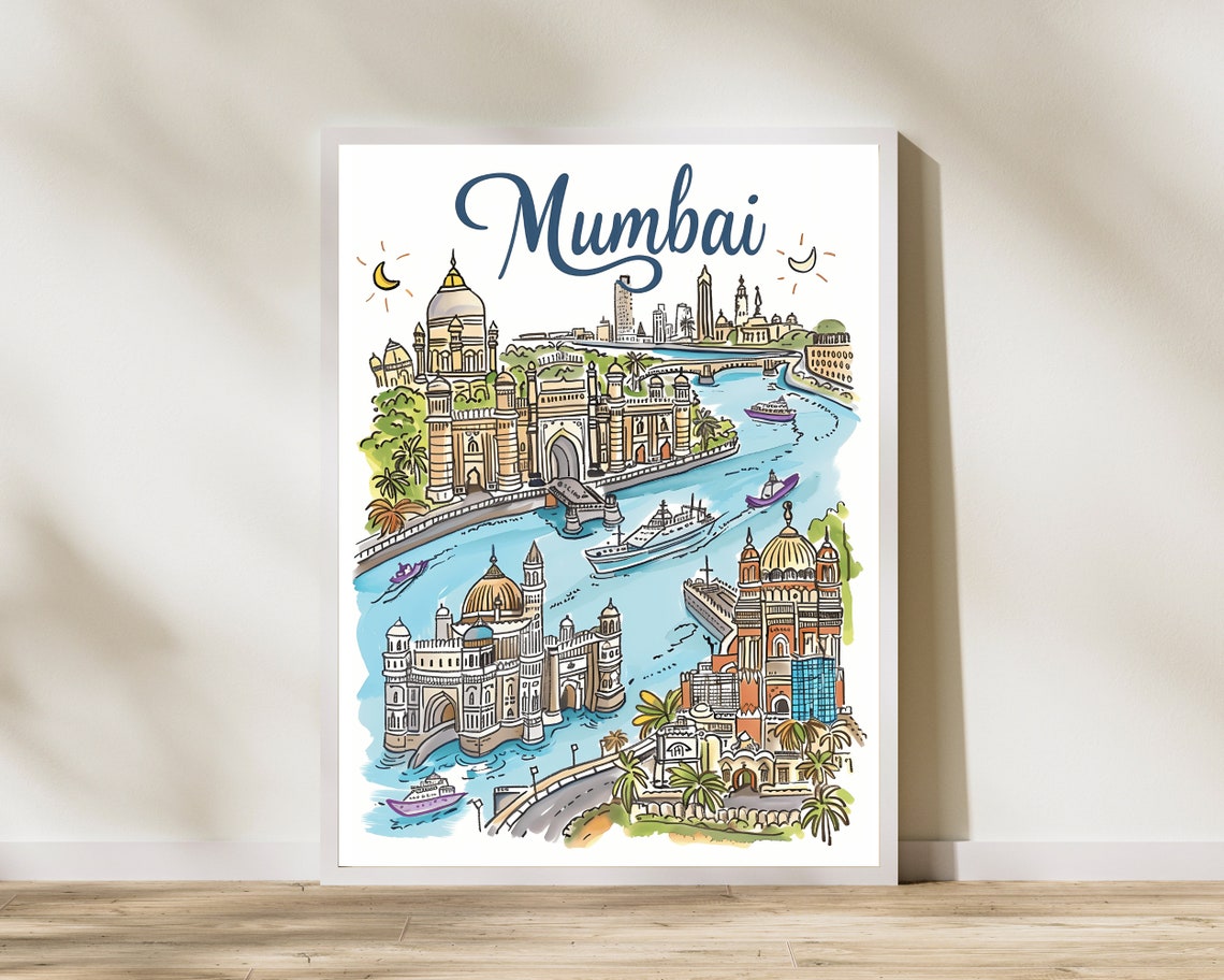 Mumbai India Illustrated Sketch Print Poster Travel Artwork Retro ...