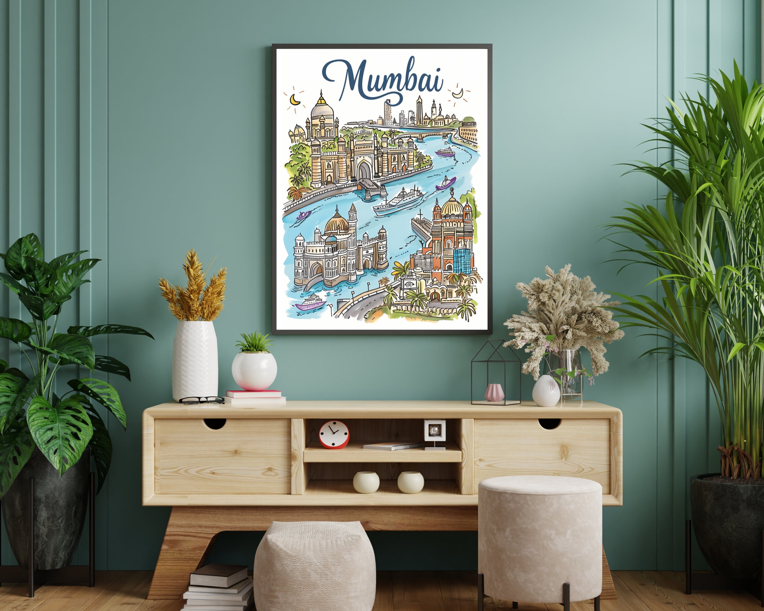 Mumbai India Illustrated Sketch Print Poster Travel Artwork Retro ...