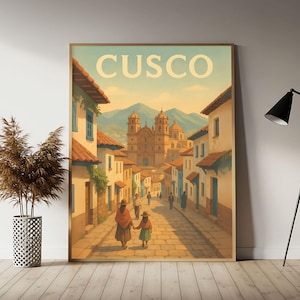 Póster de viaje vintage de Cusco, Perú: arte mural retro