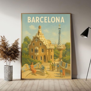 Barcelona (Parc Guell) Spain Travel Poster, Barcelona Wall Art Print,  Vintage Travel Decor