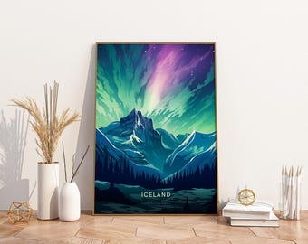 Iceland Reykjavik Northern Lights Travel Print Poster Poster Travel Poster, Iceland Reykjavik Northern Lights Travel Print Poster Wall Art P