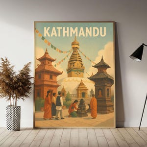Kathmandu Nepal Travel Poster, Kathmandu Wall Art Print,  Vintage Travel Decor