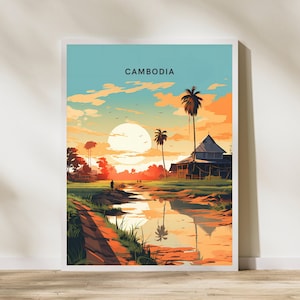 Affiche de voyage dans un village local du Cambodge, affiche de voyage, affiche de voyage dans un village local du Cambodge, impression d'art mural, affiche vintage T