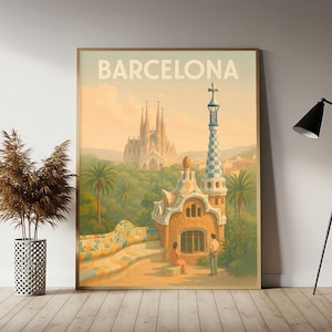Barcelona (Parc Guell Overlooking Sagrada Familia) Spain Travel Poster, Barcelona Wall Art Print,  Vintage Travel Decor