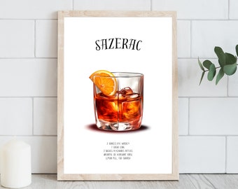 Sazerac Cocktail Print | Retro Poster | Vintage Artwork | Wall Art Deco