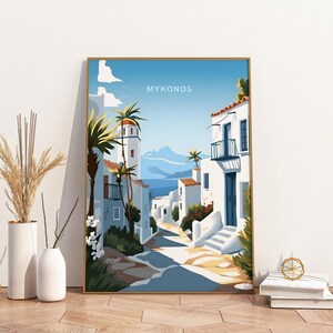 Arte de pôster de viagem de Mykonos, Grécia, arte de pôster de viagem, arte de pôster de viagem de Mykonos, arte de impressão de parede, arte de decoração de viagem vintage