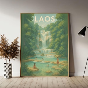 Laos (Kuang Si Falls) Travel Poster, Laos Wall Art Print,  Vintage Travel Decor
