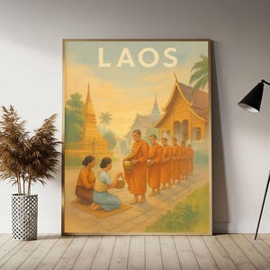 Laos (Morning Alms in Luang Prabang) Travel Poster, Laos Wall Art Print,  Vintage Travel Decor