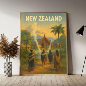 New Zealand (Maori Traditions at Dawn) Travel Poster, New Zealand Wall Art Print, Zealand Vintage Travel Decor