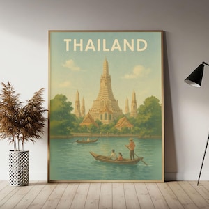 Thailand (Wat Arun and River Boats) Travel Poster, Thailand Wall Art Print,  Vintage Travel Decor
