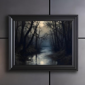 Moonlit Dark Forest Creek Print, Printable Gothic Wall Art, Dark Decor, Digital Download, Dark Academia Wall Art