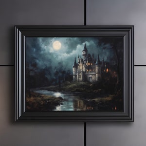 Moonlit Dark Stormy Castle Print, Oil Landscape Painting, Dark Decor, Digital Download, Printable Dark Academia Art