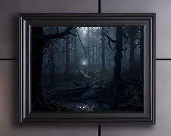 Gothic Wall Art, Moonlit Dark Forest Print, Dark Decor, Digital Download, Printable Dark Academia Landscape