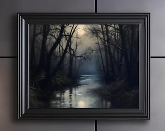 Moonlit Dark Forest Creek Print, Printable Gothic Wall Art, Dark Decor, Digital Download, Dark Academia Wall Art