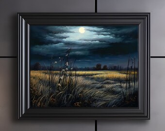 Impresión de pradera tormentosa oscura, decoración oscura, pintura al óleo del paisaje del país, descarga digital, arte del paisaje de la academia oscura imprimible