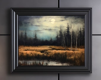 Impresión de pradera tormentosa oscura, decoración oscura, pintura al óleo del paisaje del país, descarga digital, arte del paisaje de la academia oscura imprimible