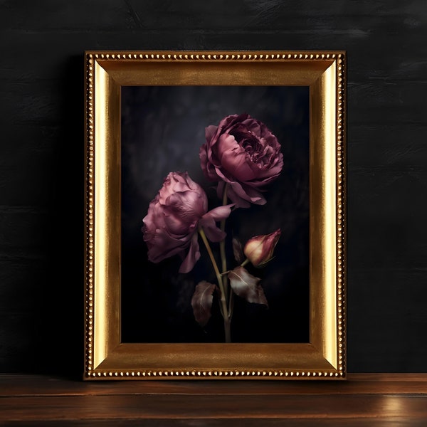 Gothic Floral Wall Art, Dark Moody Rose, Vintage Botanical Painting, Dark Floral Decor, Digital Download, Printable Dark Academia Wall Art