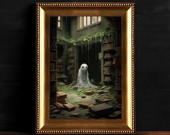 Wydrukuj Ghost In The Library, Haunting Dark Academia Print, Halloween Home Decor, Digital Download, Pobieralna okultystyczna sztuka ścienna