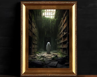 Wydrukuj Ghost In The Library, Haunting Dark Academia Print, Halloween Home Decor, Digital Download, Pobieralna okultystyczna sztuka ścienna