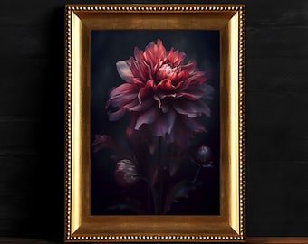 Dark Moody Dahlia, Gothic Floral Wall Art, Vintage Botanical Painting, Dark Floral Decor, Digital Download, Printable Dark Academia Wall Art